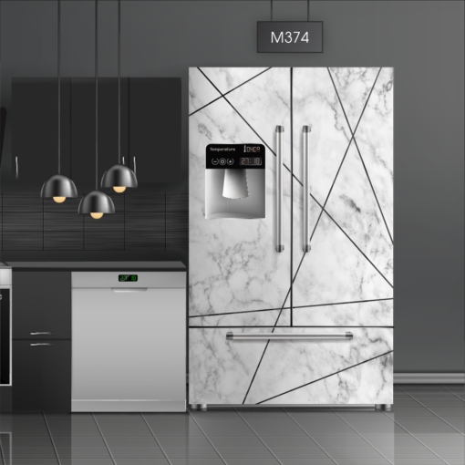 טפט לציפוי מקרר שיש לבן פסים שחורים M374 בצבעי אפור, לבן בסגנון בטון ושיש