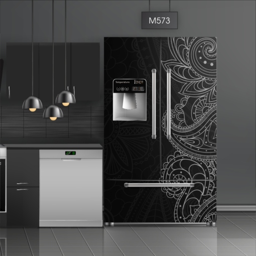 טפט לציפוי מקרר דמיוני שחור M573 בצבעי שחור, שחור לבן בסגנון מסולסלים, פרחוני